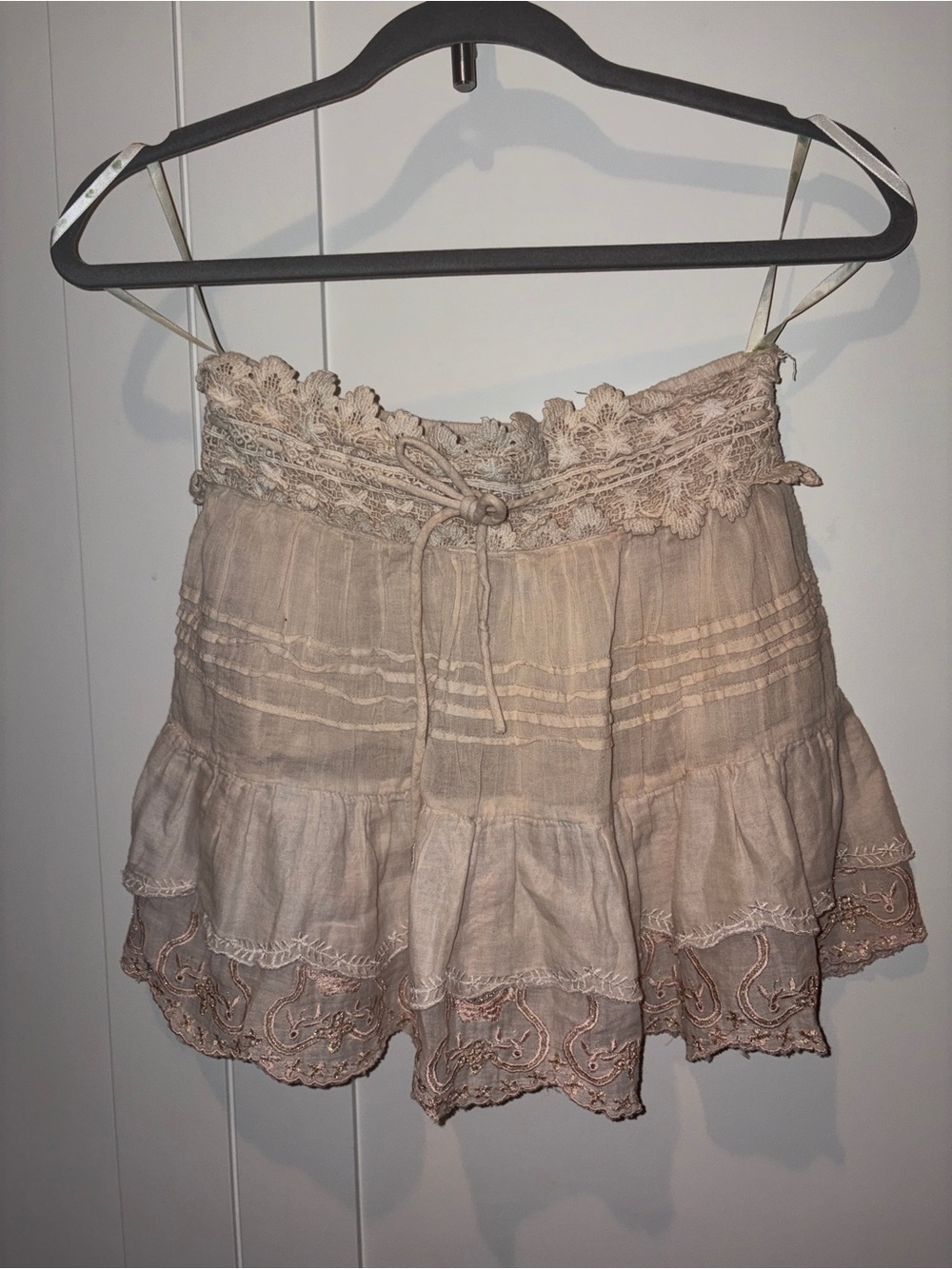 Lace Trim Boho Mini Skirt in Dusty Rose